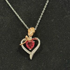 Rose Accent Heart Pendant Necklace with Red Gem